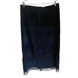 CBO‎ New York Black Leather Patchwork Maxi Skirt Crochet Fringe Hem Plus Size